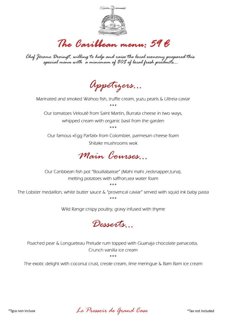 Menu Restaurant Le Pressoir Grand Case Saint Martin SXM